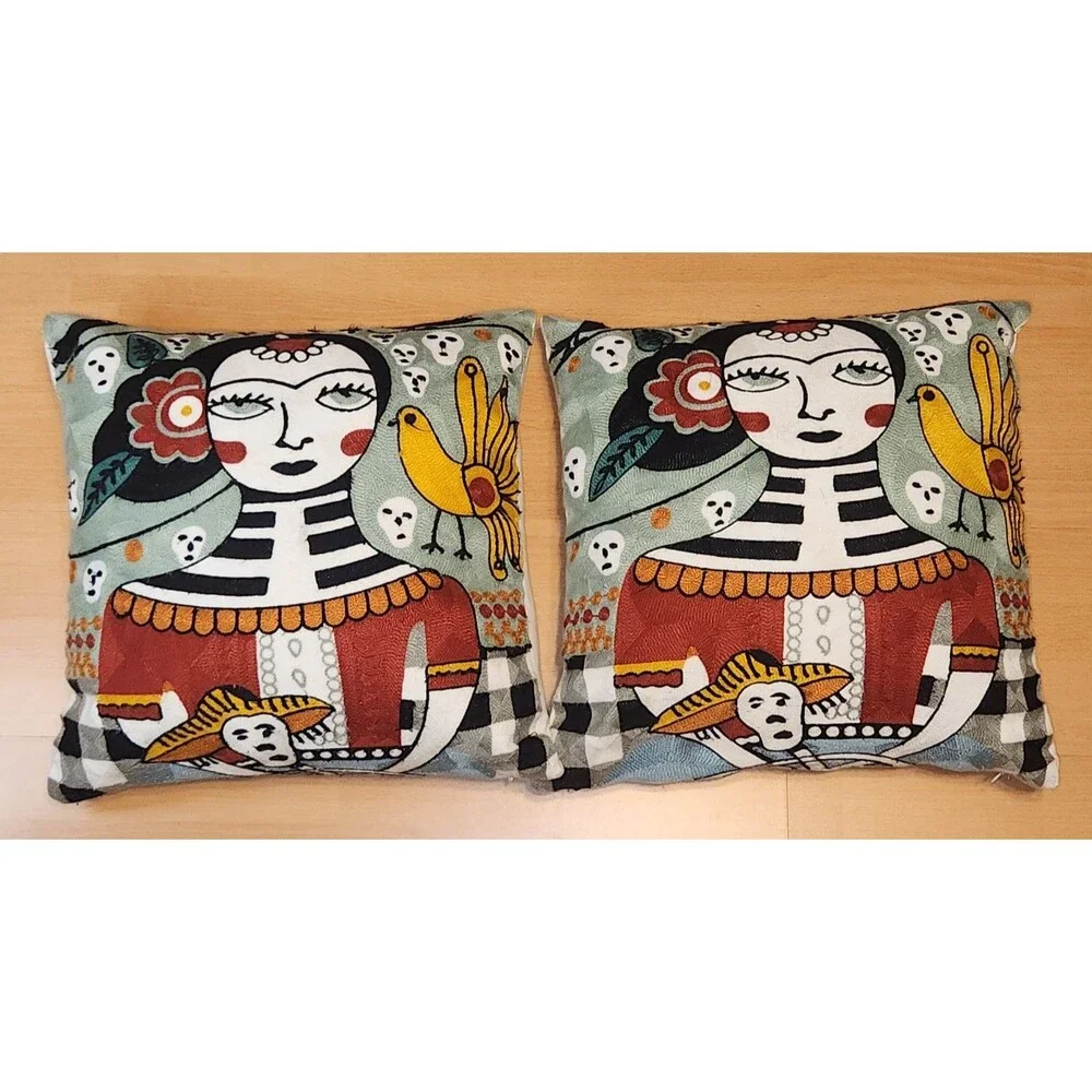 Pair Of Día de Muertos Embroidered Pillow Covers Frida Kahlo Pillows Set Of 2